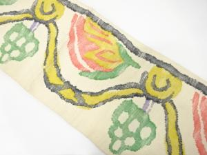 手織り真綿紬　抽象花模様織り出し　名古屋帯